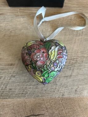 Cloisonné Puffy Heart Ornament Pink Green Gold Yellow Floral Design Vintage